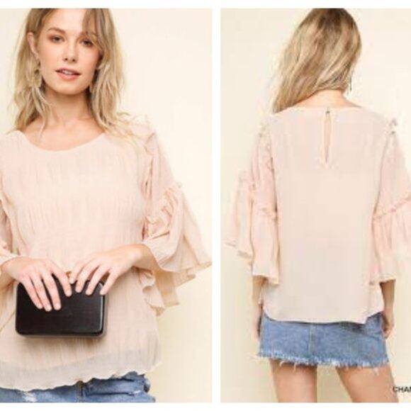 NWT Umgee Pleated Ruffled Tiered Bell Sleeve Top Chiffon Flowy Champagne Pink S - Picture 15 of 15